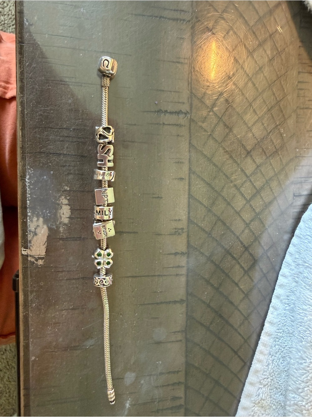 Pandora 7” Silver Charm Bracelet with 'FAMILY' and Decorative Beads